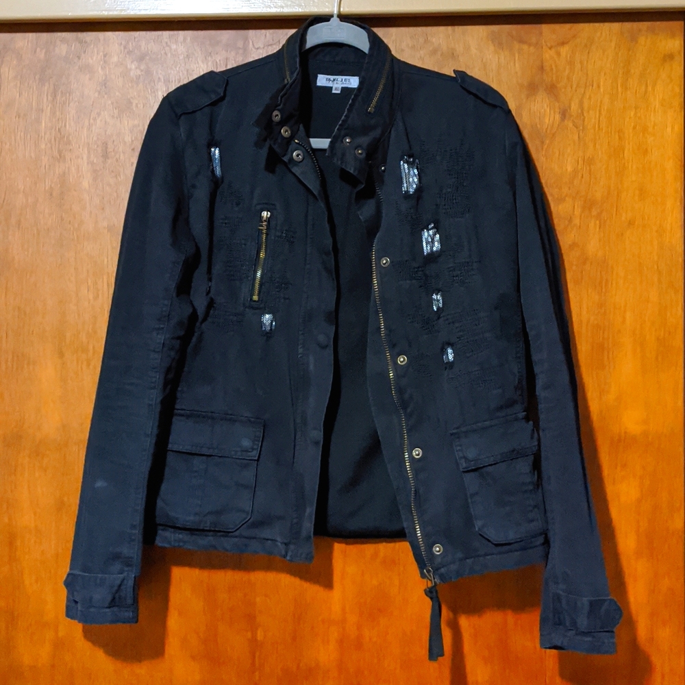 Cotton, distressed style, grey applique jacket.